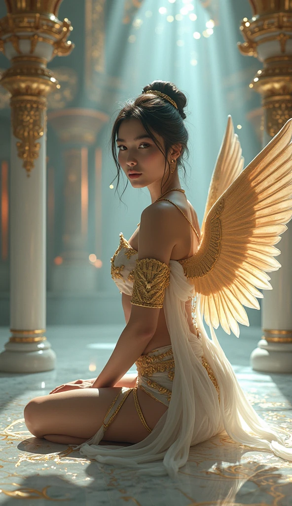 **Prompt**:
A stunning, high-definition image of a beautiful woman in futuristic Thai attire, sitting in a sexy pose in a magnificent celestial palace. Surrounding her are protective guardian angels, enhancing the ethereal atmosphere of the scene. The intricate details of her outfit blend traditional Thai elements with futuristic design, creating a captivating contrast. The palace is adorned with ornate decorations, glowing softly in the background, with the woman as the focal point of this divine setting. The entire composition exudes elegance and mystique.