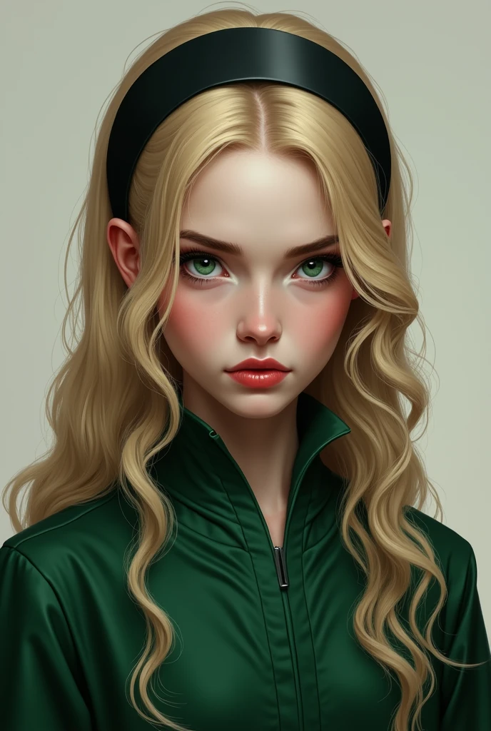 elle a une peau d'ivoire, le visage rond, des yeux verts émeraudes, un regard méchant, de longs cheveux blonds plates avec des boucles anglaises accessoirisé d'un serre tête noir, et elle porte un uniforme de serpentard