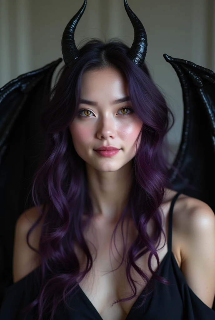 photo d'une femme de 25 ans, long curly dark purple hair. deux mini cornes noir. un doux visage aux yeux jaunes. She is smiling. From his back protrude two large smooth black demon wings. she wears a black dress