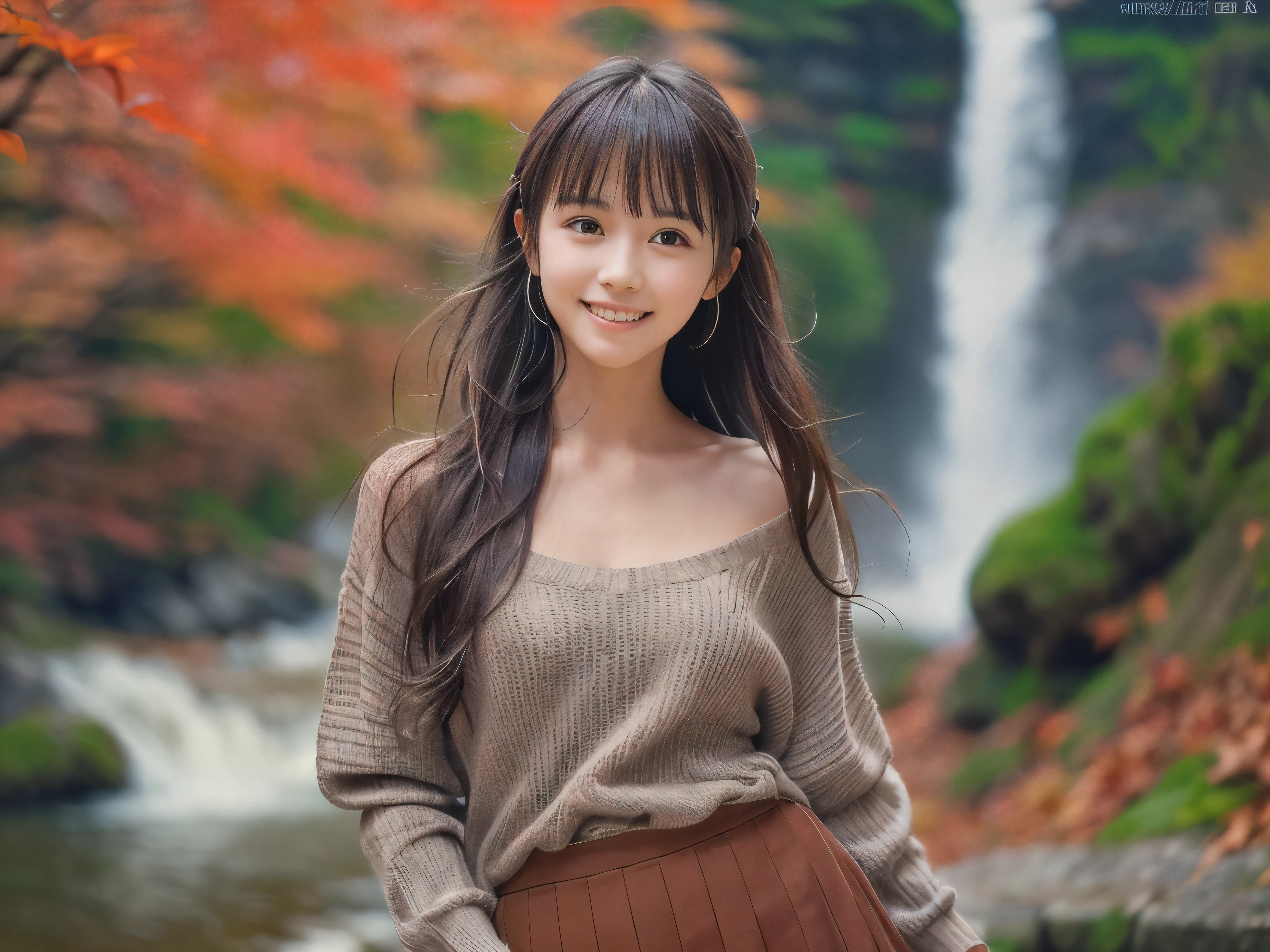 (Close up face shot of one slender small breasts half up brown long hair with bangs girl in a long sleeves shirt and sweater and skirt:1.5)、(One girl is dancing with happy smile on the dart road near the lake and big waterfall in Japan:1.5)、(Beautiful autumn red leaves landscpe:1.5)、(Natural light:1.5)、(8k ultra detailed master piece:1.5)、(perfect anatomy:1.5)、(Photorealistic stick:1.5)、(Raw photo:1.3)、(highest quality:1.5)、(High resolution:1.3)、(Delicate and beautiful perfect face:1.3)、(Delicate and beautiful eye air skin:1.3)、(Real Human Skin:1.3)、((thin legs))