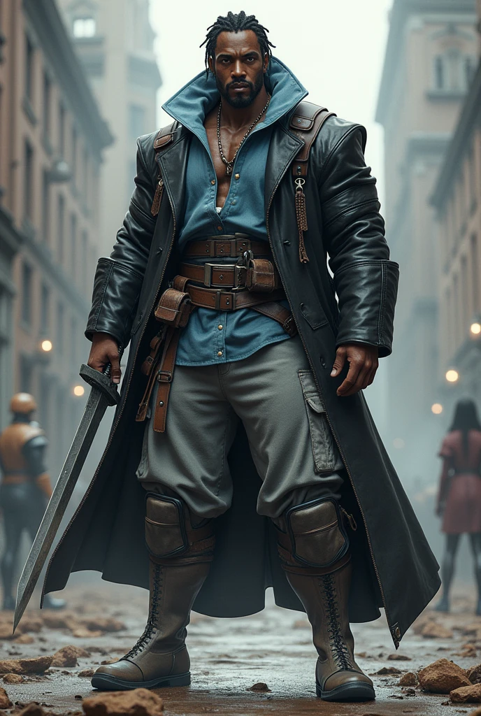 black male, eyes browns, brawny, Cao Cao, short dreadlocks hair, light blue mid-length collared jacket, shiny black leather overcoat, gray pants with straps, clear boots, sword in hand. pants over boots,