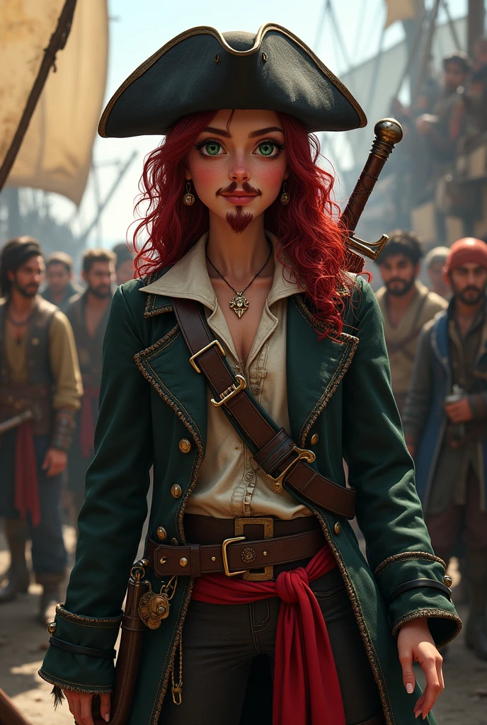 Crea un immagine di un pirata intero di razza umana per d&d. A young pirate of 20 years old with long curly hair and garnet red color, a goatee and a garnet red moustache and dark green eyes. He wears a black leather battered hat, porta un  trench coat in stile piratesco, with a light shirt and a ruined vest underneath. In life he wears a red sash with a belt and two ??????? swords on his back., in the background a pirate port. He is celebrating with other sailors at the port