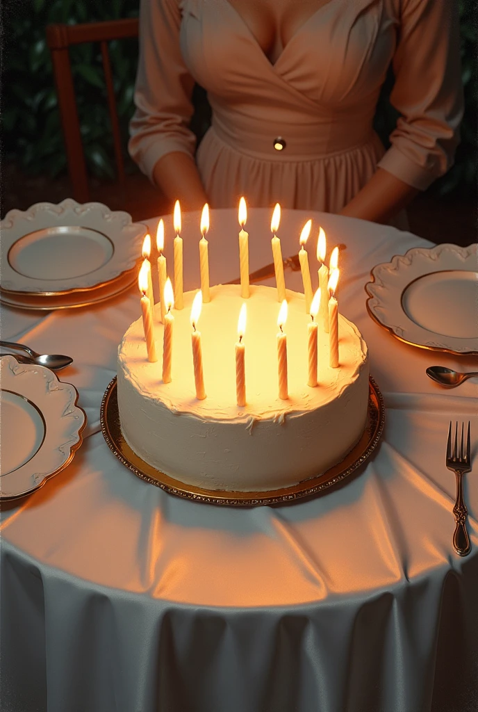 A painting of a round white cake seen from above and decorated with twenty-one candles, on a table with a white silk tablecloth and fancy plates and cutlery.