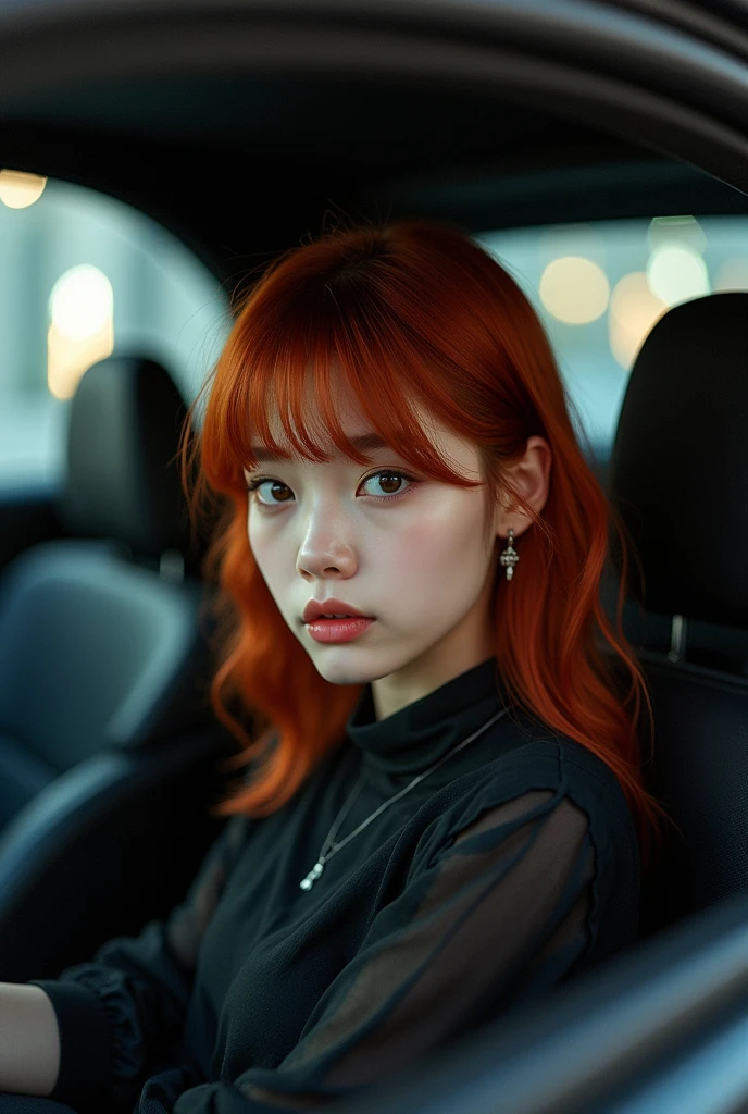 Redhead girl with Korean bangs inside a black BMW car