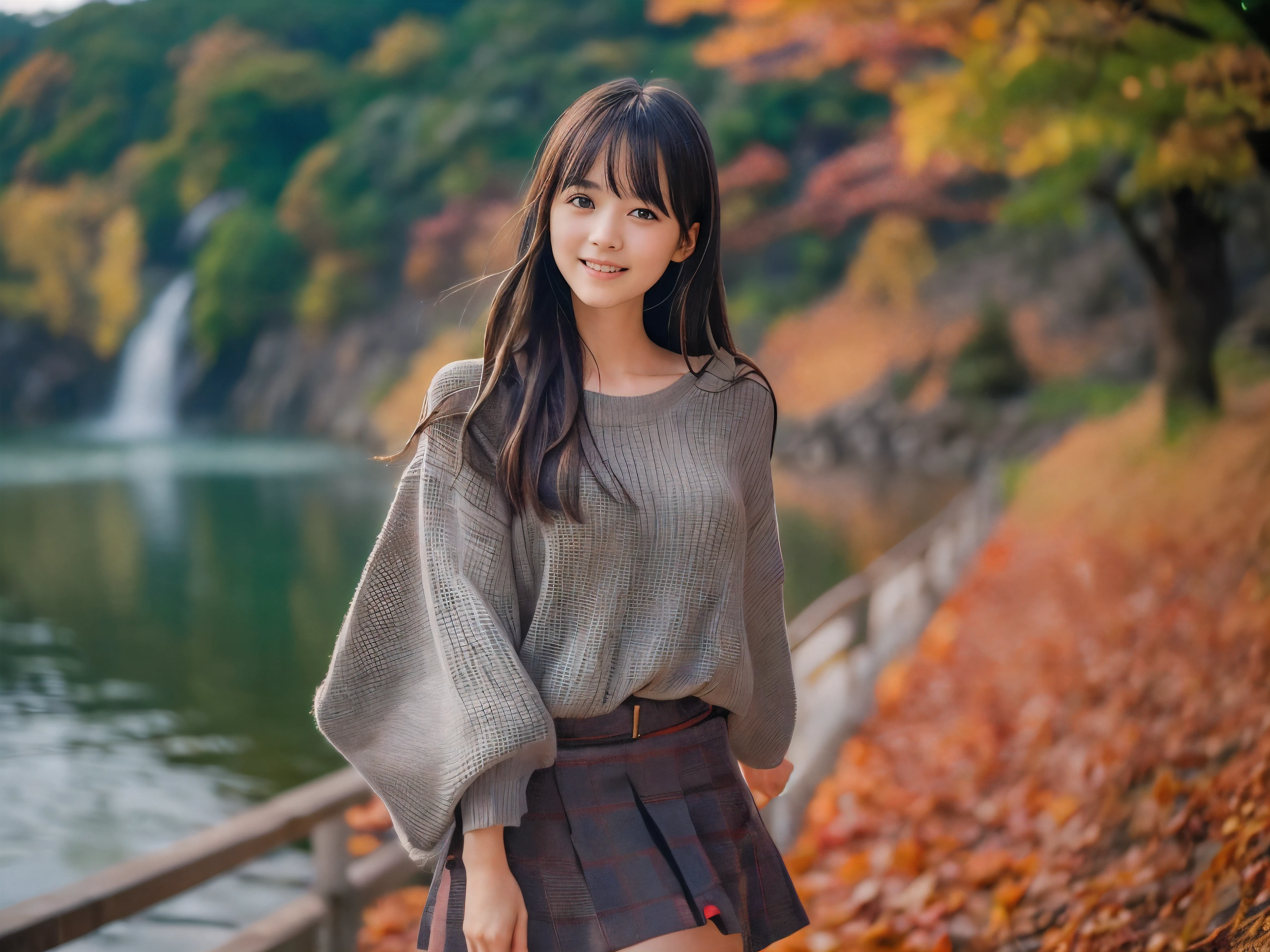 (Close up face shot of one slender small breasts dark silver long hair with swept bangs girl in a long sleeves shirt and sweater and skirt:1.5)、(One girl is dancing with happy smile on the dart road near the lake and big waterfall in Japan:1.5)、(Beautiful autumn red leaves landscape:1.5)、(Natural light:1.5)、(8k ultra detailed master piece:1.5)、(perfect anatomy:1.5)、(Photorealistic stick:1.5)、(Raw photo:1.3)、(highest quality:1.5)、(High resolution:1.3)、(Delicate and beautiful perfect face:1.3)、(Delicate and beautiful eye air skin:1.3)、(Real Human Skin:1.3)、((thin legs))