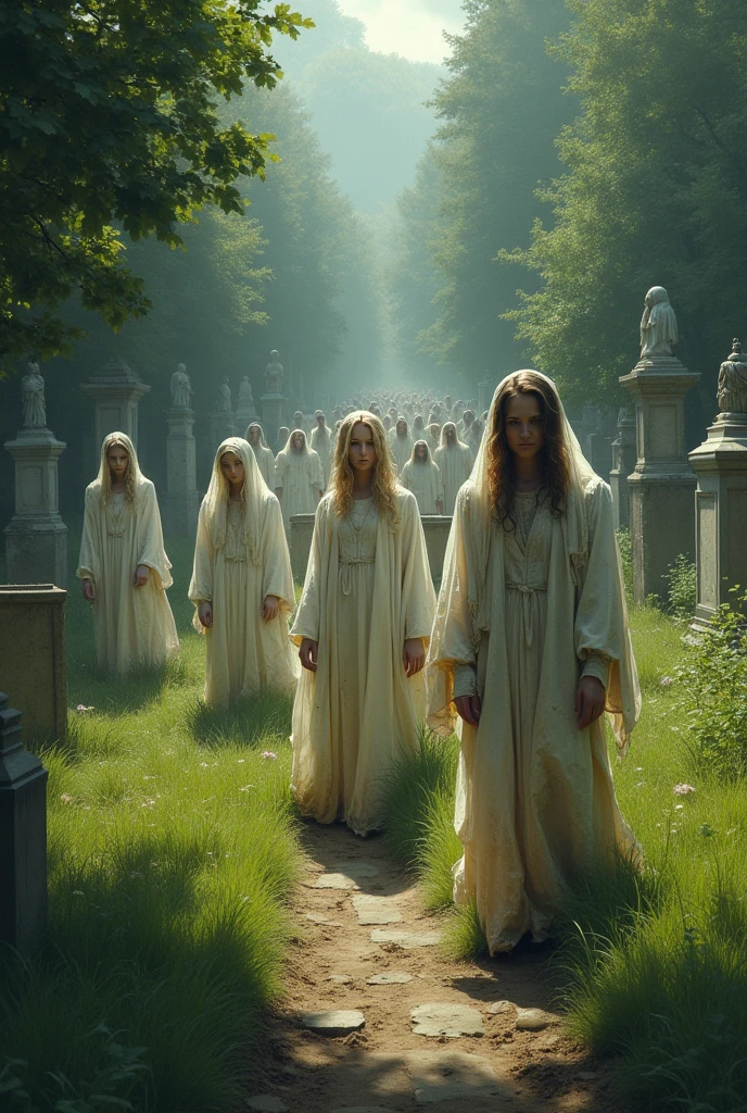 create women, Men and children emerging from their graves wearing normally white clothes in a beautiful cemetery on the day 