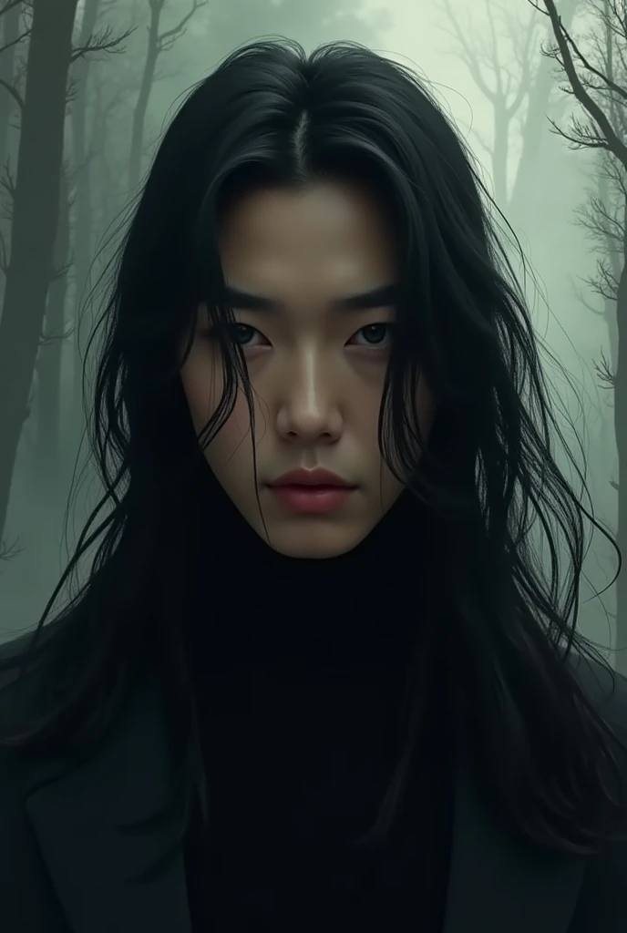 Create an image where Stray Kids' Hyunjin is from the album "fear" BY C.r.Or just as the album looks and with long hair