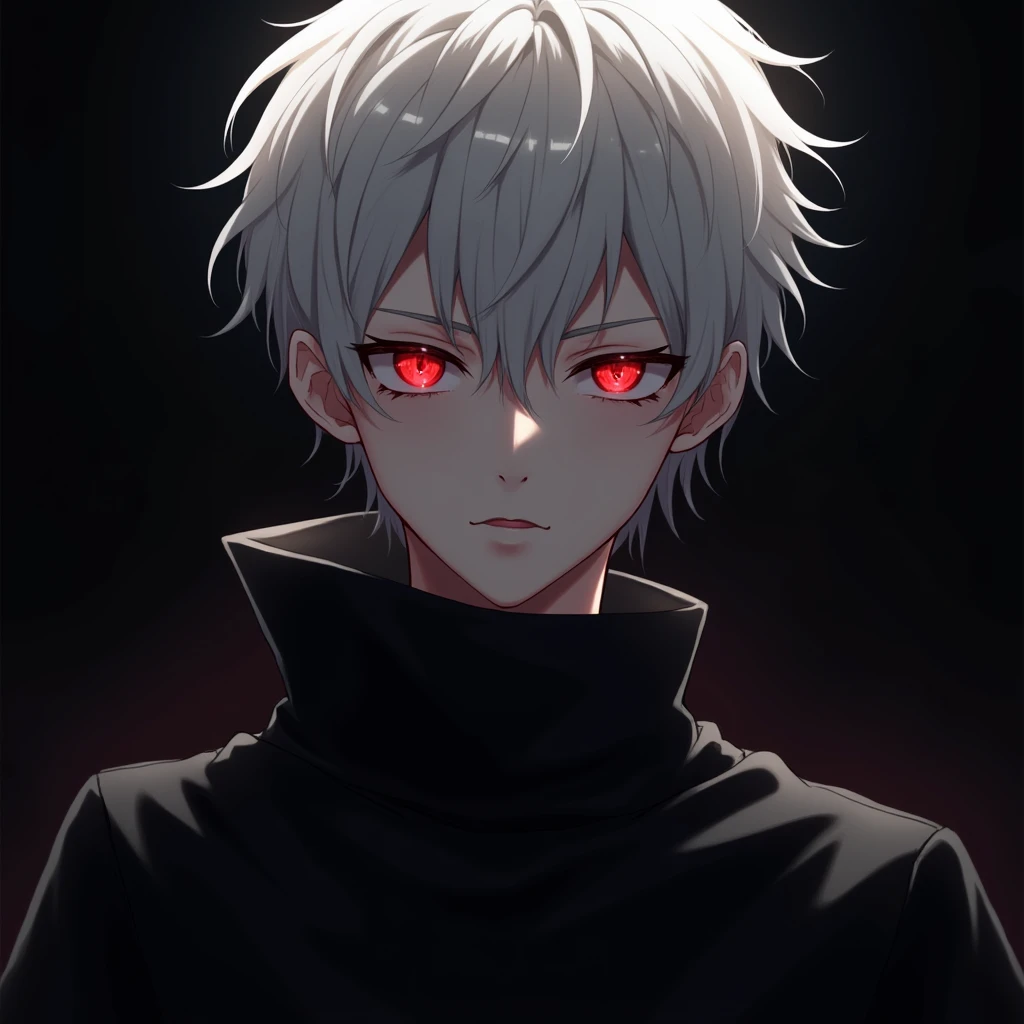 (absurdres, highres, ultra detailed),(Masterpiece, best quality:1.2),Anime boy with white hair and red eyes staring at the camera, glowing red eyes,slim, wearing a black outfit,shadow body,dark, monochrome, wallpaper,