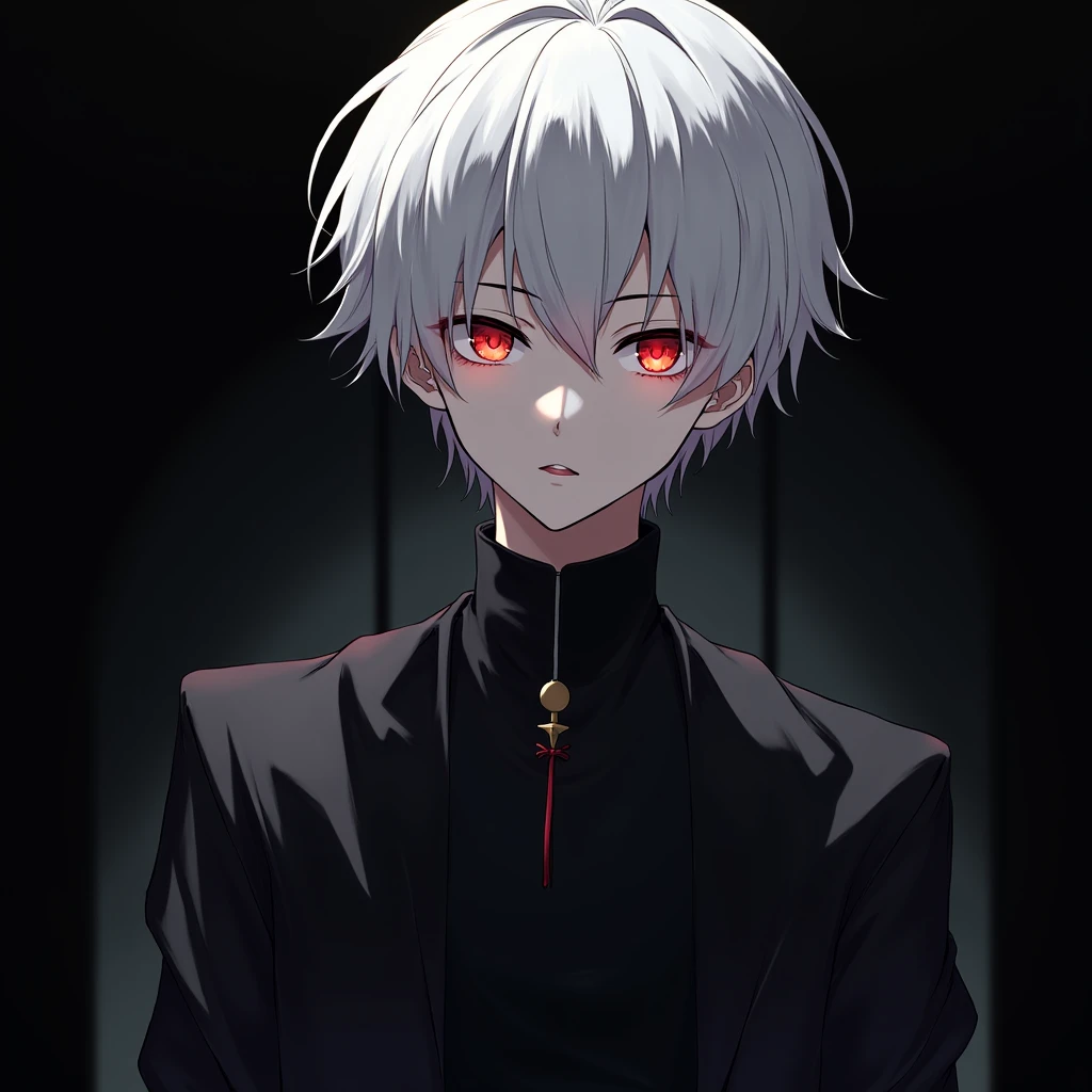 (absurdres, highres, ultra detailed),(Masterpiece, best quality:1.2),Anime boy with white hair and red eyes staring at the camera, glowing red eyes,slim, wearing a black outfit,shadow body,dark, monochrome, wallpaper,