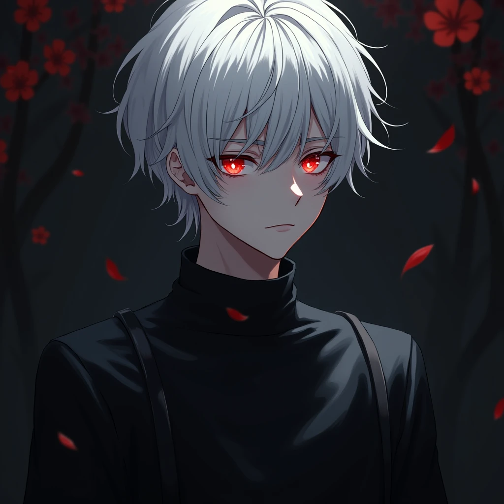 (absurdres, highres, ultra detailed),(Masterpiece, best quality:1.2),Anime boy with white hair and red eyes staring at the camera, glowing red eyes,slim, wearing a black outfit,shadow body,dark, monochrome, wallpaper,