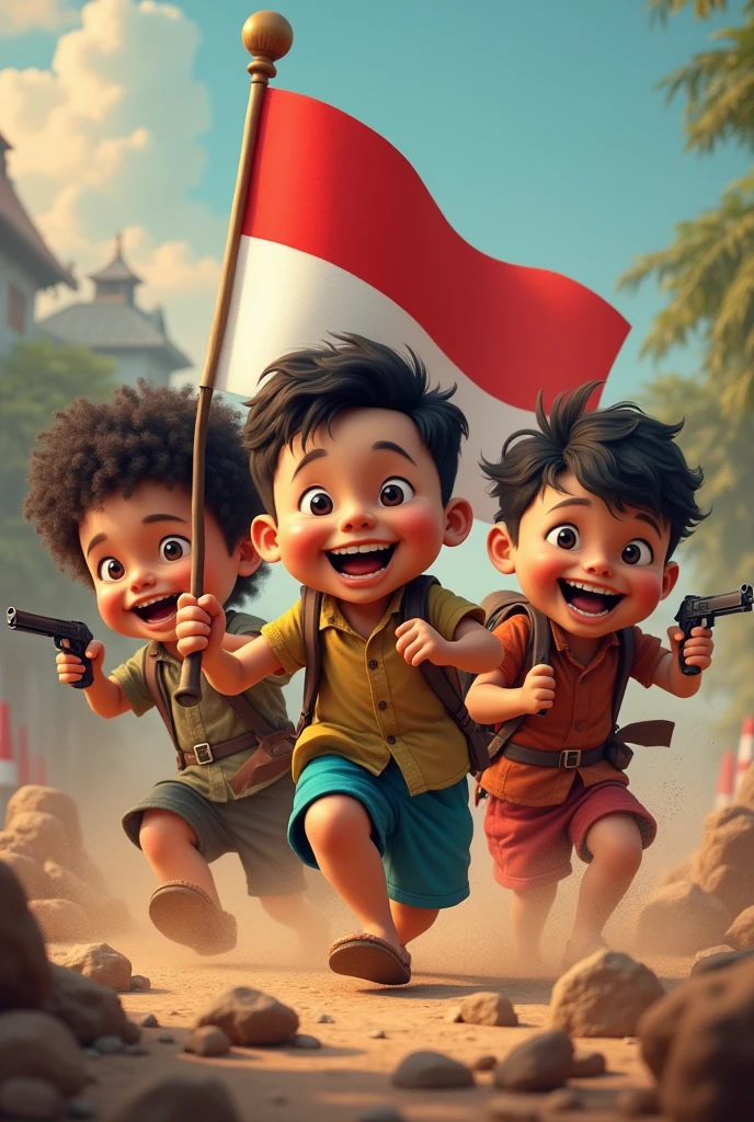 3d caricature, big head, 3 children playing war games, carrying the Indonesian flag, one has curly hair, the other has black skin, laughing happily, Indonesian independence day theme, epic compotition, dramatic angle and light 