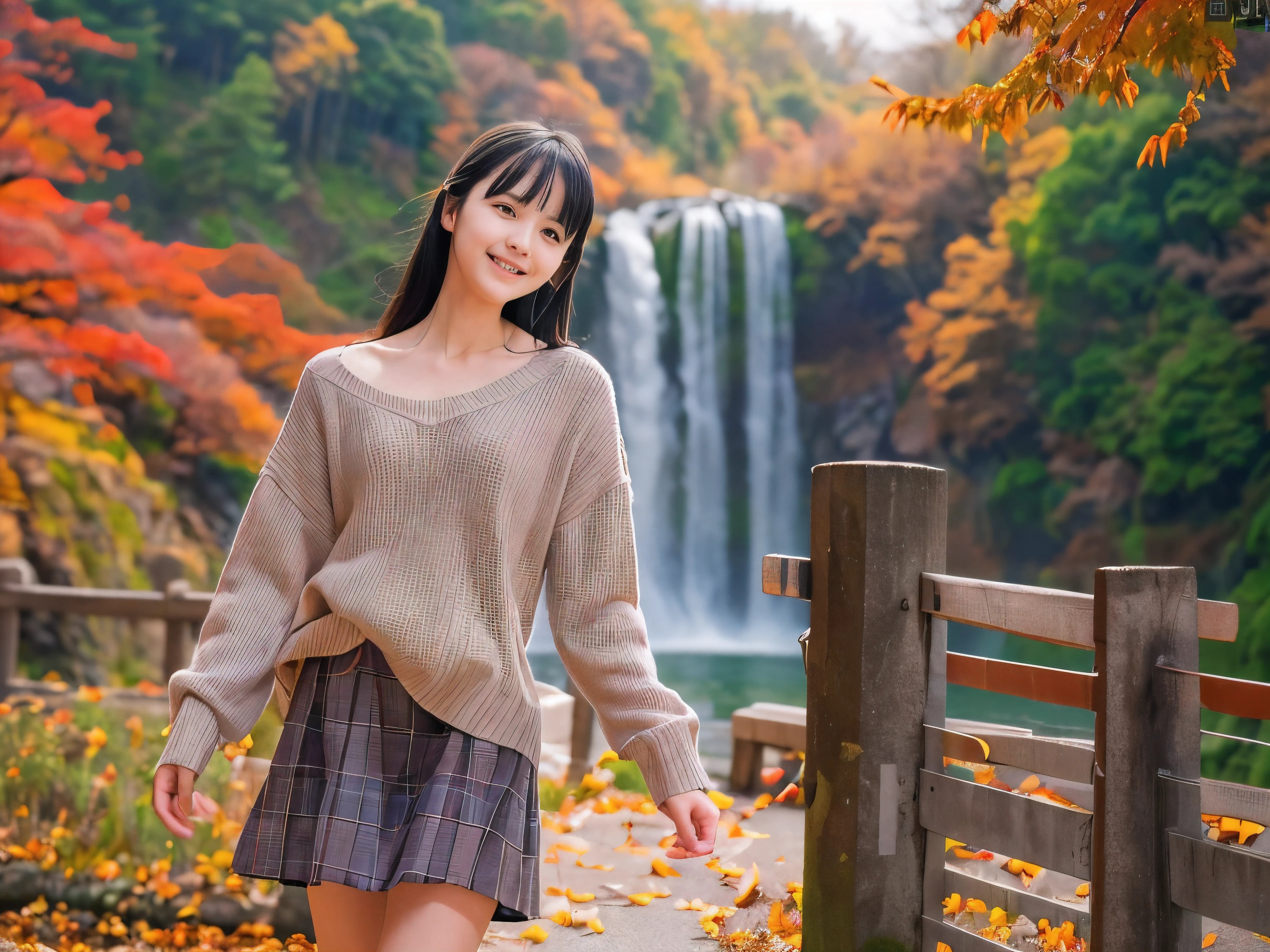 (Close up face shot of one slender small breasts dark silver long hair with swept bangs girl in a long sleeves shirt and sweater and skirt:1.5)、(One girl is dancing with happy smile on the dart road near the lake and big waterfall in Japan:1.5)、(Beautiful autumn red leaves landscape:1.5)、(Natural light:1.5)、(8k ultra detailed master piece:1.5)、(perfect anatomy:1.5)、(Photorealistic stick:1.5)、(Raw photo:1.3)、(highest quality:1.5)、(High resolution:1.3)、(Delicate and beautiful perfect face:1.3)、(Delicate and beautiful eye air skin:1.3)、(Real Human Skin:1.3)、((thin legs))