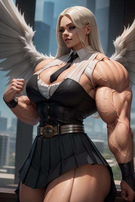 ((Close-up)), tall, (White hair) beautiful muscular woman, long straight hair, light brown skinned, closed smile, (black lipstick), (massive muscles), (hyper muscle), ((ginormous bulky muscles)), blue eyes, (((sleeveless white pleated shirt))), (giant feather wings), (((long black pleated skirt with belt))), fingerless gloves, necktie, thigh highs, on a skyscraper, 