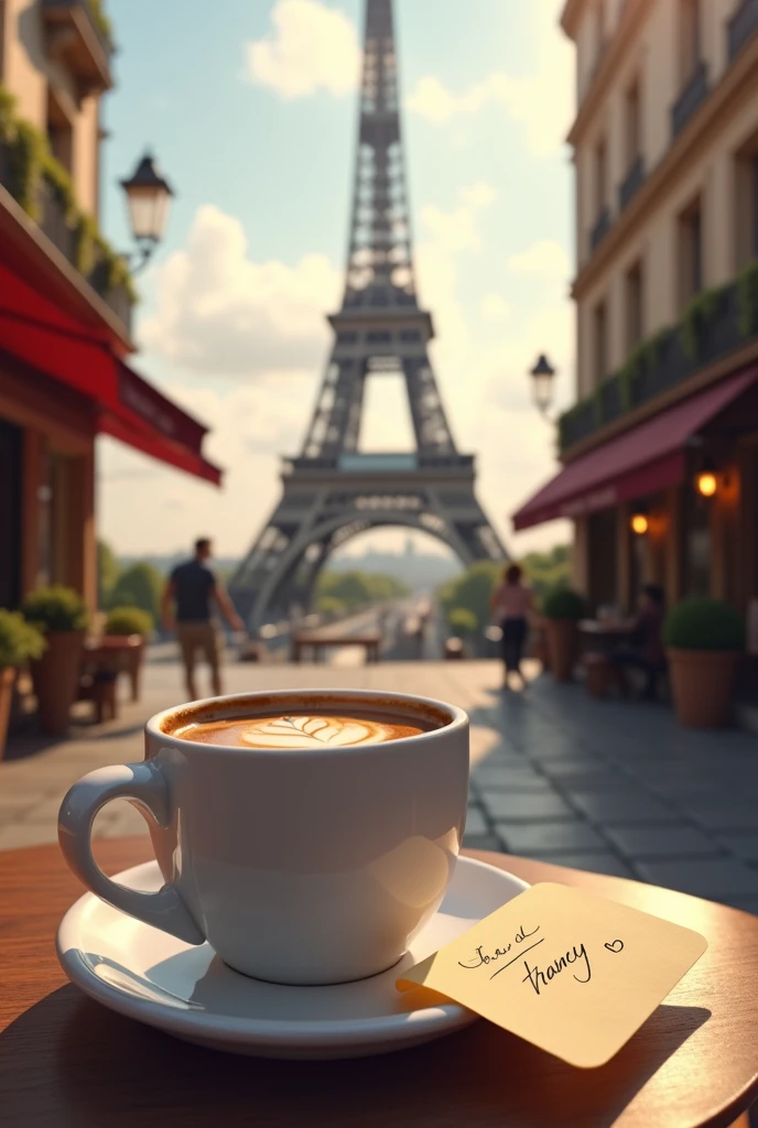 A coffee with a note that says for Francy, at the foot of the Eiffel Tower