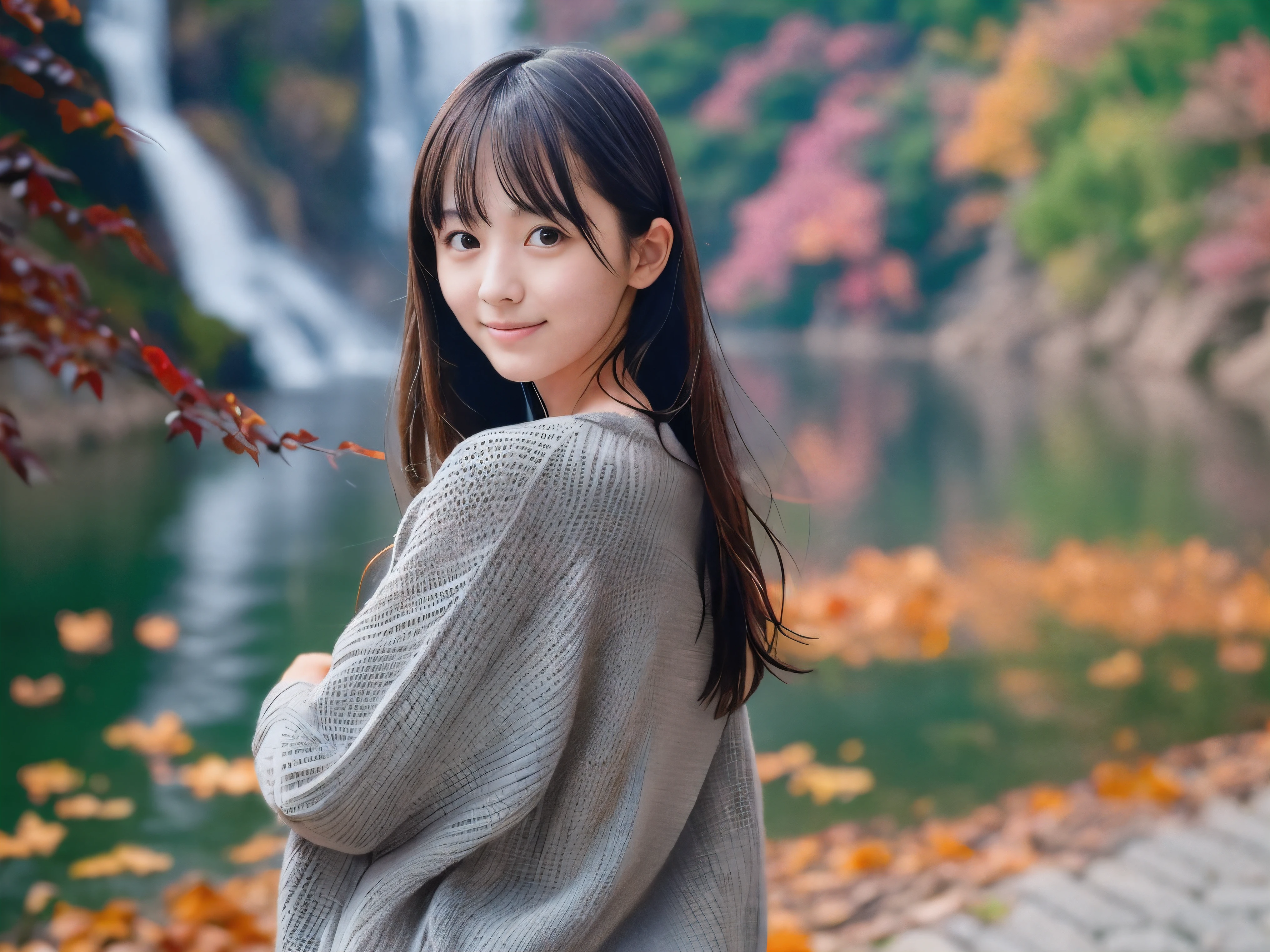 (Close up face shot of one slender small breasts dark silver long hair with swept bangs girl in a long sleeves shirt and sweater and skirt:1.5)、(One girl is dancing with happy smile on the dart road near the lake and big waterfall in Japan:1.5)、(Beautiful autumn red leaves landscape:1.5)、(Natural light:1.5)、(8k ultra detailed master piece:1.5)、(perfect anatomy:1.5)、(Photorealistic stick:1.5)、(Raw photo:1.3)、(highest quality:1.5)、(High resolution:1.3)、(Delicate and beautiful perfect face:1.3)、(Delicate and beautiful eye air skin:1.3)、(Real Human Skin:1.3)、((thin legs))