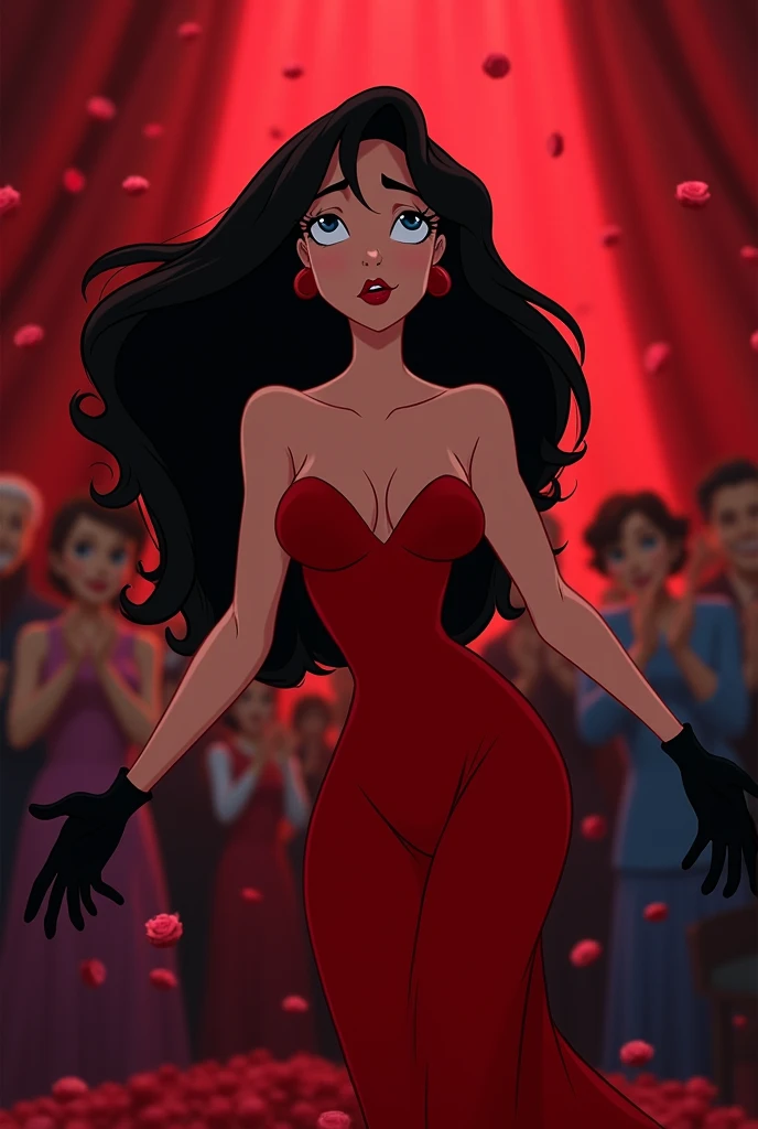 Disney animation of a beautiful woman with intense blue eyes, with tight red dress with black gloves, jet black hair in waves, angelic face. She is smiling evilly with her arms open, She's kind of flying, slowly calling, Behind her there are people applauding. red glow, with roses falling on her.
