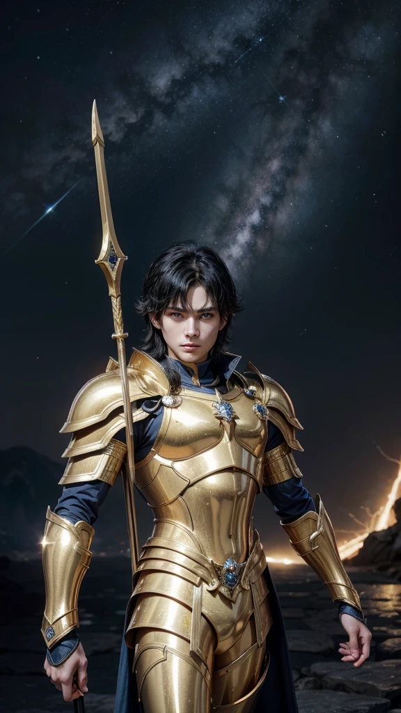 work of art, high resolution,best qualityer, Boy dressed in the golden armor of Sagittarius, from the knights of the zodiac saint seiya, Knights of the Zodiac, black hair, blue colored eyes, golden armour, Sagittarius, Knights of the Zodiac.