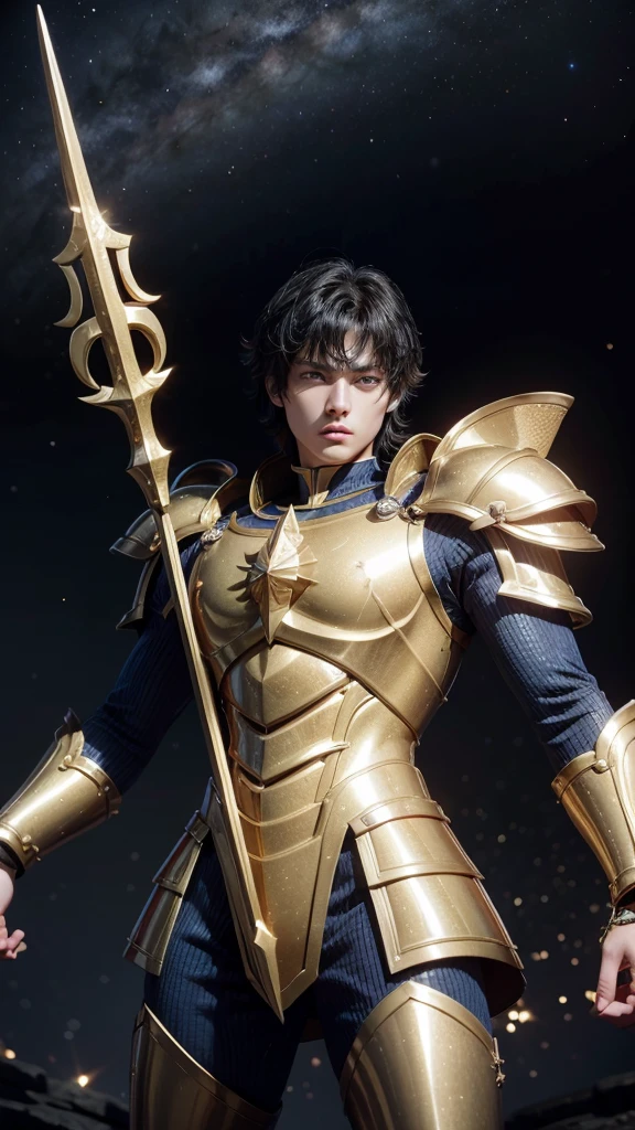 work of art, high resolution,best qualityer, Boy dressed in the golden armor of Sagittarius, from the knights of the zodiac saint seiya, Knights of the Zodiac, black hair, blue colored eyes, golden armour, Sagittarius, Knights of the Zodiac.