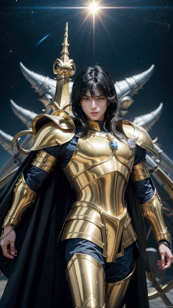 work of art, high resolution,best qualityer, Boy dressed in the golden armor of Sagittarius, from the knights of the zodiac saint seiya, Knights of the Zodiac, black hair, blue colored eyes, golden armour, Sagittarius, Knights of the Zodiac.