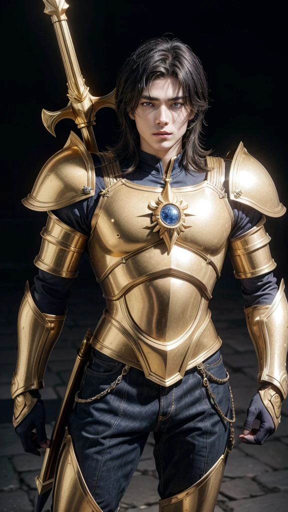 work of art, high resolution,best qualityer, Boy dressed in the golden armor of Sagittarius, from the knights of the zodiac saint seiya, Knights of the Zodiac, black hair, blue colored eyes, golden armour, Sagittarius, Knights of the Zodiac.