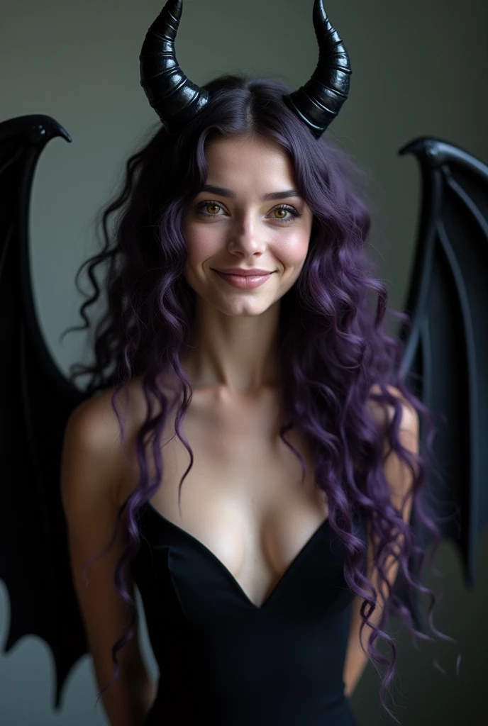 photo d'une femme de 25 ans, long curly dark purple hair. deux toute  cornes noir. un doux visage aux yeux jaunes. She is smiling. From his back protrude two large smooth black demon wings. she wears a black dress 