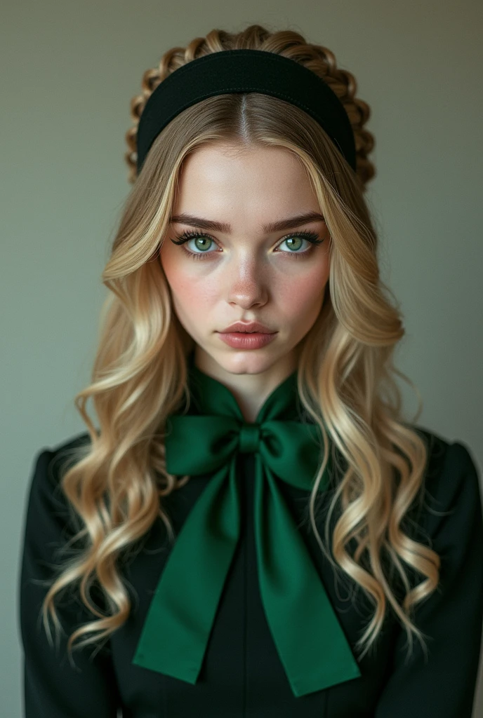 elle a une peau d'ivoire, le visage assez rond, des yeux verts émeraudes, un regard méchant, de longs cheveux blonds plates avec des boucles anglaises accessoirisé d'un serre tête noir, et elle porte un uniforme de serpentard