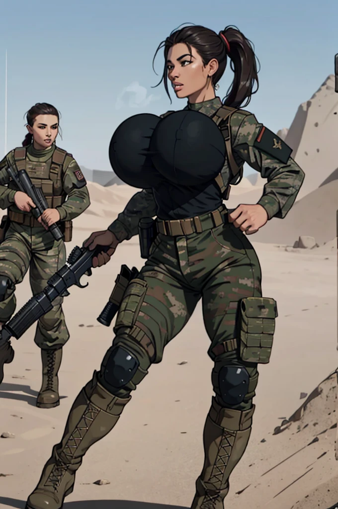 female soldier, war photography, (cinematic lighting:1.1), highest quality, photo of (group of fully dressed really tanned 20yo sexy muscular female army special forces with taut clothing military top, ponytail hair, running holding a rifle), (bouncing breasts, motion lines, motion blur), too tight military shirt, medium_boltedontits, perfectly round breasts, breast implants, unaligned breasts, perfect face, parted lips, dumb expression, (wearing military Combat uniform, battlepack, boots:1.2), athletic body, on the battlefield, fake tits, bootsnutes