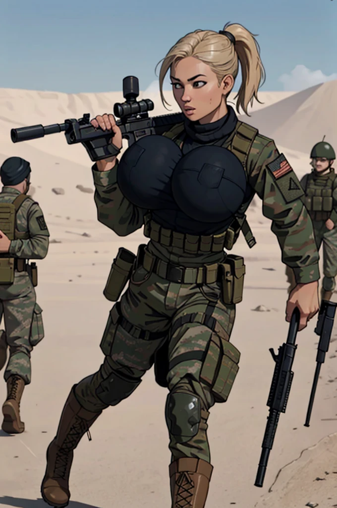 group of female soldiers, war photography, (cinematic lighting:1.1), highest quality, photo of (group of fully dressed really tanned 20yo sexy muscular female army special forces with taut clothing military top, ponytail hair, running holding a rifle), (bouncing breasts, motion lines, motion blur), too tight military shirt, medium_boltedontits, perfectly round breasts, breast implants, unaligned breasts, perfect face, parted lips, dumb expression, (wearing military Combat uniform, battlepack, boots:1.2), athletic body, on the battlefield, fake , bootsnutes