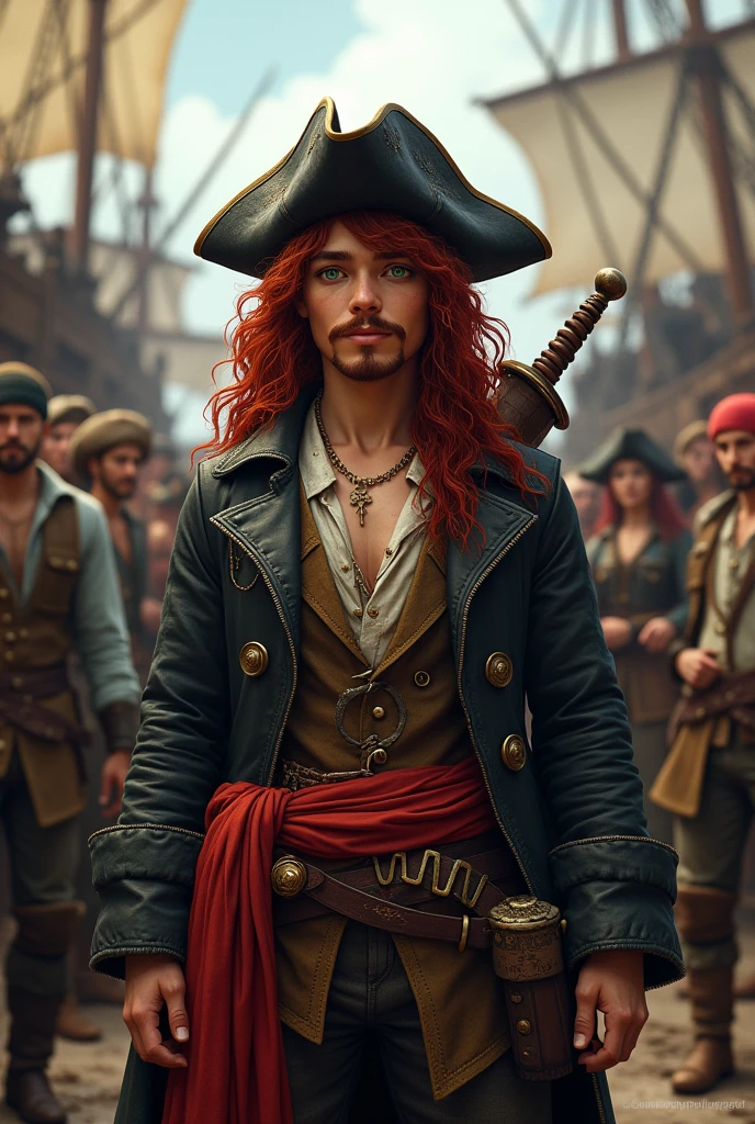 Crea un immagine di un pirata intero di razza umana per d&d. A young pirate of 20 years old with long curly hair and garnet red color, a goatee and a garnet red moustache and dark green eyes. He wears a black leather battered hat, porta un  trench coat in stile piratesco, with a light shirt and a ruined vest underneath. In life he wears a red sash with a belt and two bastard swords on his back., in the background a pirate port. He is celebrating with other sailors at the port