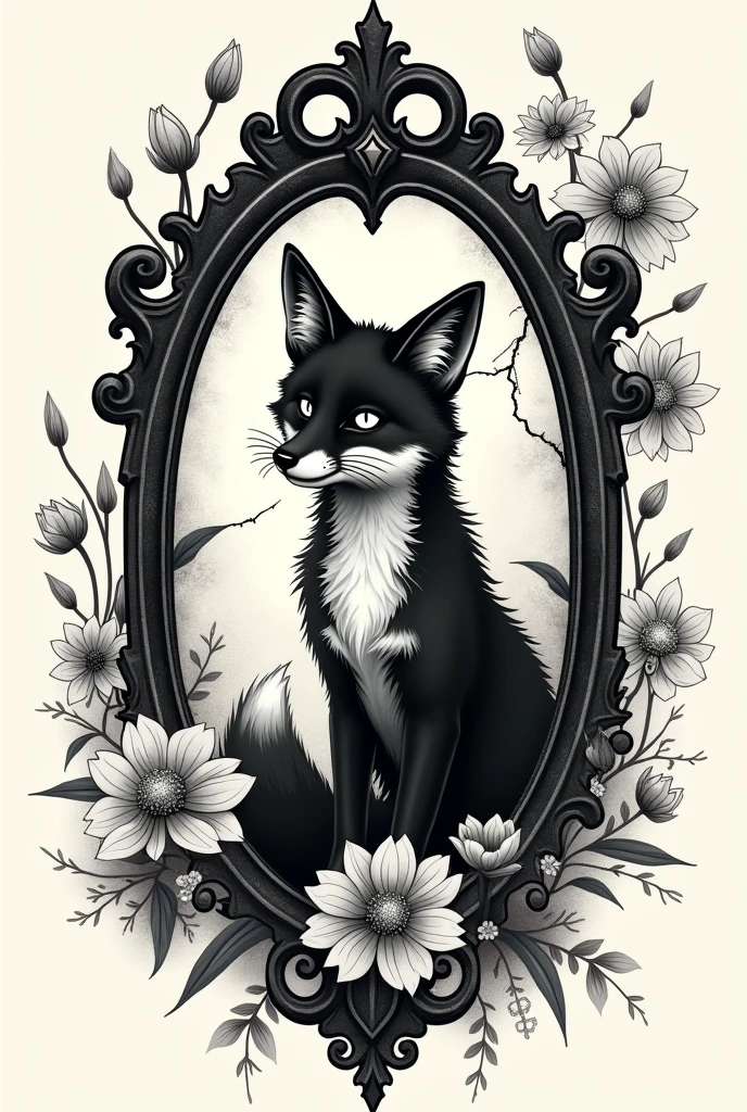 A black work tattoo with oriental style, with a fox inside an old mirror frame and Japanese flowers around it. Horror and sensual style