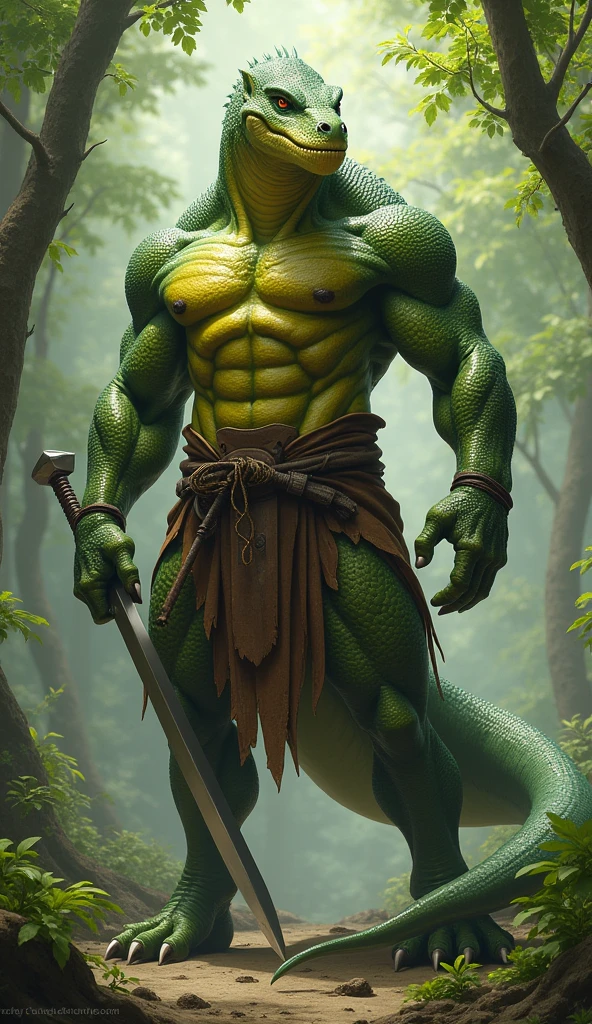 A powerful warrior, humanoid reptile, with masculine features and a strong muscular body, with a long tail, green scales that turn yellow towards his chest and abdomen, covered by a brown leather tailcoat, with a weapon in his hand, made of background a leafy forest

