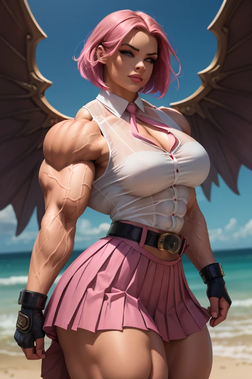 ((Close-up)), tall, (shocking pink hair) beautiful muscular woman, angled bob cut, light brown skinned, closed smile, (black lipstick), ((massive muscles)), (hyper muscle), ((ginormous bulky muscles)), red eyes, (((sleeveless pink pleated shirt))), (giant angel wings), (((long pleated skirt with belt))), fingerless gloves, necktie, thigh highs, on a skyscraper,