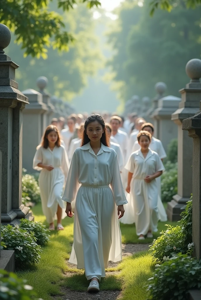 create women, Men and children emerging from their graves looking normal and cheerful dressed in white clothes in a beautiful cemetery on the day 