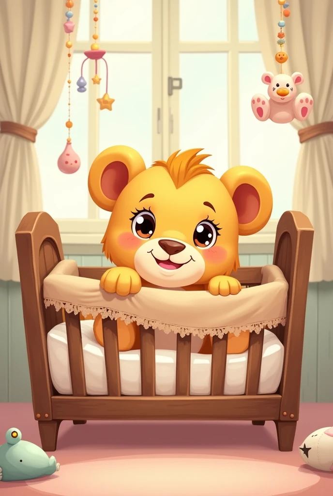 Cartoon of a smiling lion cub inside a crib
