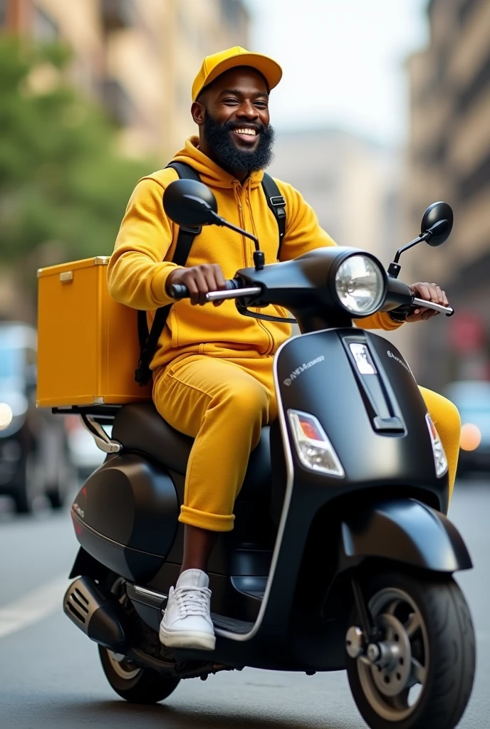 Un agent de livraison africain souriant , dressed in yellow knitted shorts and black pants , qui porte un sac de livraison jaune à dos sur une scooter noire