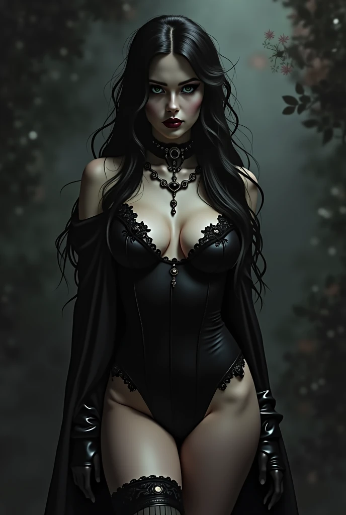 Hair: Long, wavy, and jet-black, with a healthy sheen. eyes: Green and piercing, conveying both strength and mystery., Skin: Fair and flawless, with a subtle natural glow. Breasts:fidelity: 1.3, proportional, ((details Intricate)), black fantasy (/styled/), dark atmospher, (beautiful european succubus girl, Longhaire), (black lace sexy outfit), Muted colours, sharpening, (sitting position with beautiful legs open, Dynamic pose showing her sexy legs in black silk pantyhose), trends on ArtStation, (Majestic oil painting by Ed Blinkey, Atey Ghailan, Par Jeremy Mann, Greg Manches), NSFW, styled de ohwx, (beautiful puffy and symmetrical eyes), proportional breasts on display