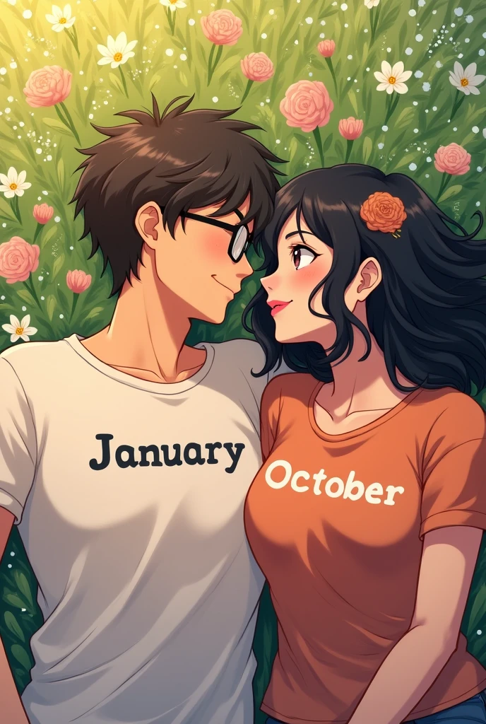 creat a ai image of a romantic anime couple lying on beautiful flower and grass looking each others eyes.where the men wearing glasses with January written t shirt.and the cute chubby thick thigh girl wearing October written t shirt with balck medium long weavy hair.full frame image.
