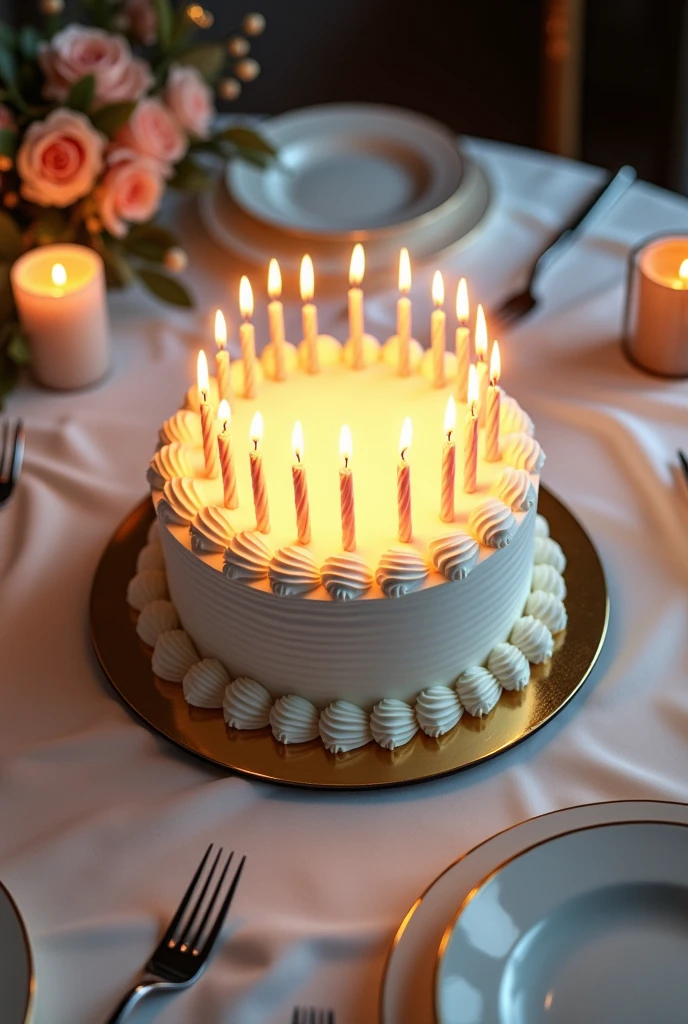 A painting of a round white cake seen from above and decorated with twenty-one candles, on a table with a white silk tablecloth and fancy plates and cutlery. It is a young man's twenty-first birthday.