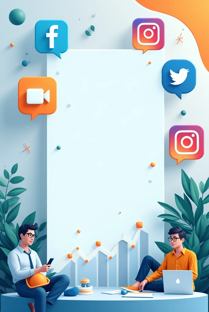 "Create an Instagram carousel cover image with the title 'The Importance of Social Media for Your Business.' The design should be modern, clean, and professional, using a balanced color palette of blues, whites, and accents of vibrant colors like orange or green. The background should feature subtle abstract patterns or gradients. The title should be bold and prominently displayed in the center, with icons representing social media platforms (like Facebook, Instagram, Twitter, LinkedIn) integrated around the text in a visually appealing way. Include small business-related elements like a growth chart or a laptop to emphasize the business aspect."