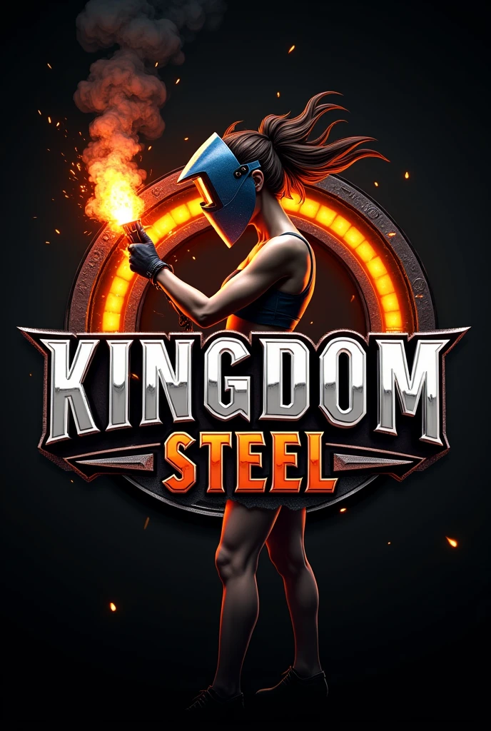 Make a logo written kingdom steel, with a sexy female figure holding a welding torch and wearing a welding mask, enhancing her breasts and realism, leaving the Kingdom Steel logo very clear and large.