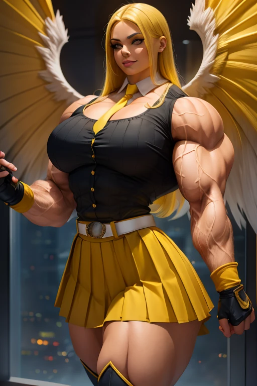 ((Close-up)), tall, (yellow hair) beautiful muscular latino woman, long flowing hair, light brown skinned, closed smile, (black lipstick), (massive muscles), (hyper muscle), ((ginormous bulky muscles)), blue eyes, (((sleeveless yellow pleated shirt))), (giant angel wings), (((long yellow pleated skirt with belt))), fingerless gloves, necktie, thigh highs, on a skyscraper,