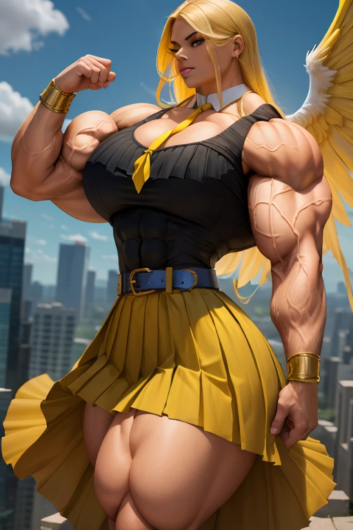 ((Close-up)), tall, (yellow hair) beautiful muscular latino woman, long flowing hair, light brown skinned, closed smile, (black lipstick), (massive muscles), (hyper muscle), ((ginormous bulky muscles)), blue eyes, (((sleeveless yellow pleated shirt))), (giant angel wings), (((long yellow pleated skirt with belt))), fingerless gloves, necktie, thigh highs, on a skyscraper,