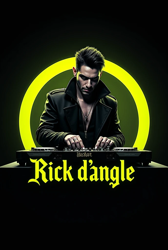 a rounded logo of a king-vampyre fashionist male dj with a high fashion wearing , 2048k, octane render, use only next colors: black , yellow , black on the image, high contrast and vivid cinematic colors add next text ¨Rick D´Angle¨ in a green neon letter
