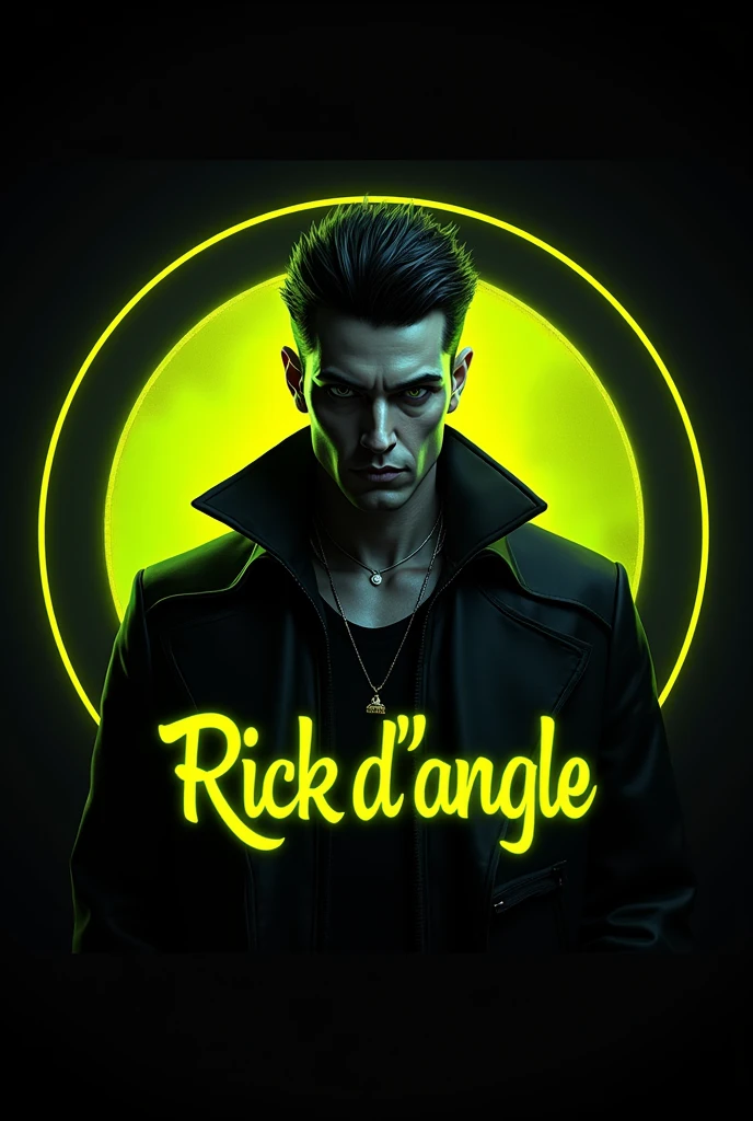 a rounded logo of a king-vampyre fashionist male dj with a high fashion wearing , 2048k, octane render, use only next colors: black , yellow , black on the image, high contrast and vivid cinematic colors add next text ¨Rick D´Angle¨ in a green neon letter