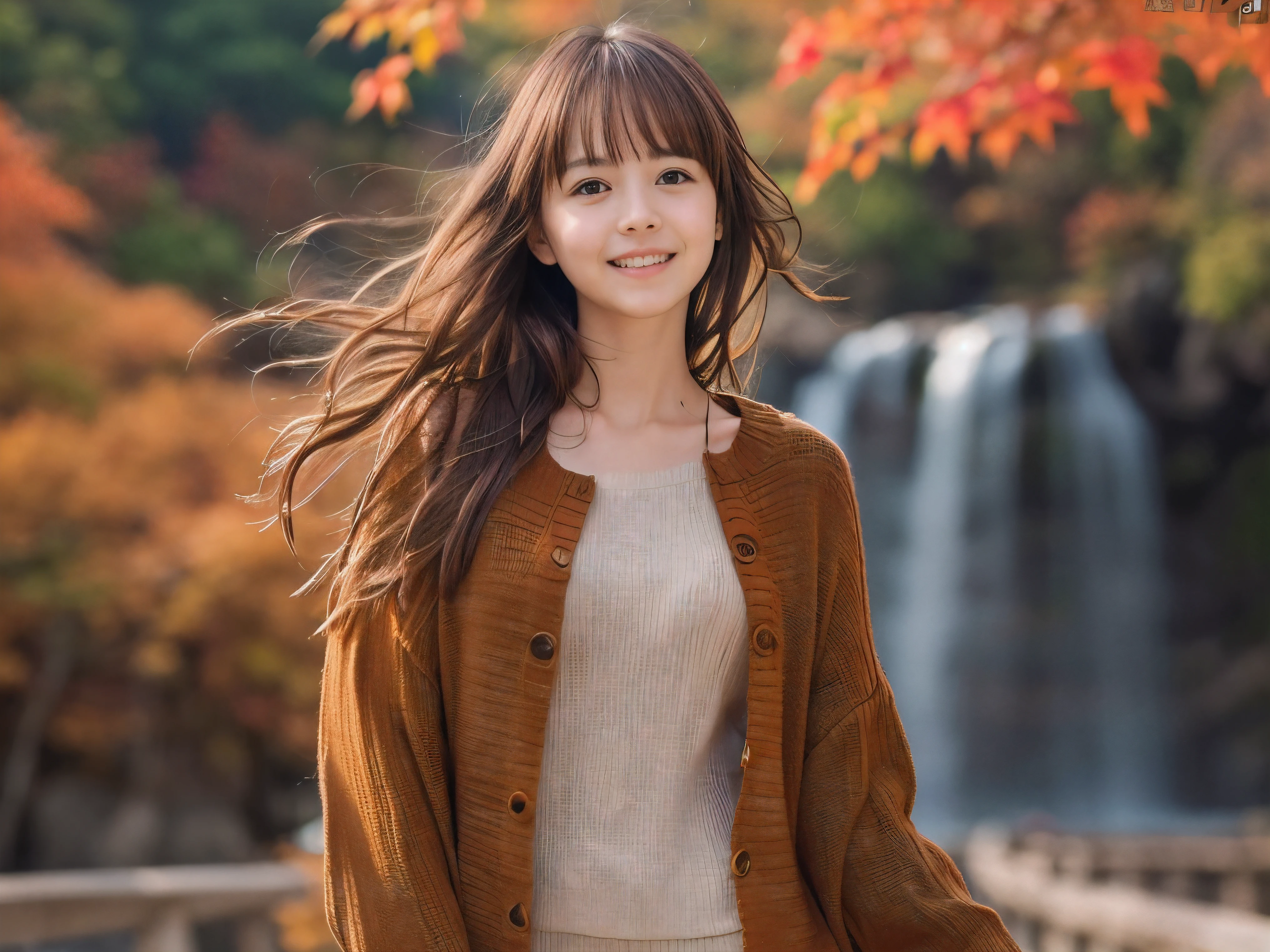 (Close up face shot of one slender small breasts red brown wavy long hair with dull bangs girl in a autumn fashion shirt and sweater and skirt:1.5)、(One girl is dancing with happy smile on the dart road near the lake and big waterfall in Japan:1.5)、(Beautiful autumn red leaves landscape:1.5)、(Natural light:1.5)、(8k ultra detailed master piece:1.5)、(perfect anatomy:1.5)、(Photorealistic stick:1.5)、(Raw photo:1.3)、(highest quality:1.5)、(High resolution:1.3)、(Delicate and beautiful perfect face:1.3)、(Delicate and beautiful eye air skin:1.3)、(Real Human Skin:1.3)、((thin legs))