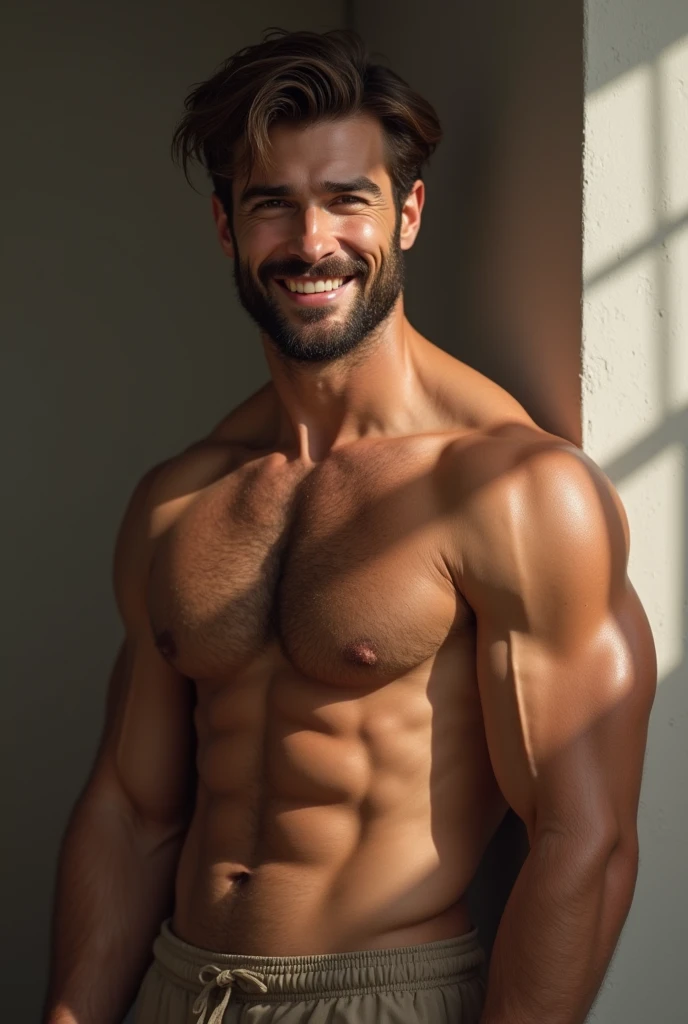 (photorealism:1.2), beautiful man, Brown-haired, swarthy, light brown eyes, tall, muscular body, beautiful hands, beautiful teeth, beautiful smile, beard , Sees her whole body , Lower body