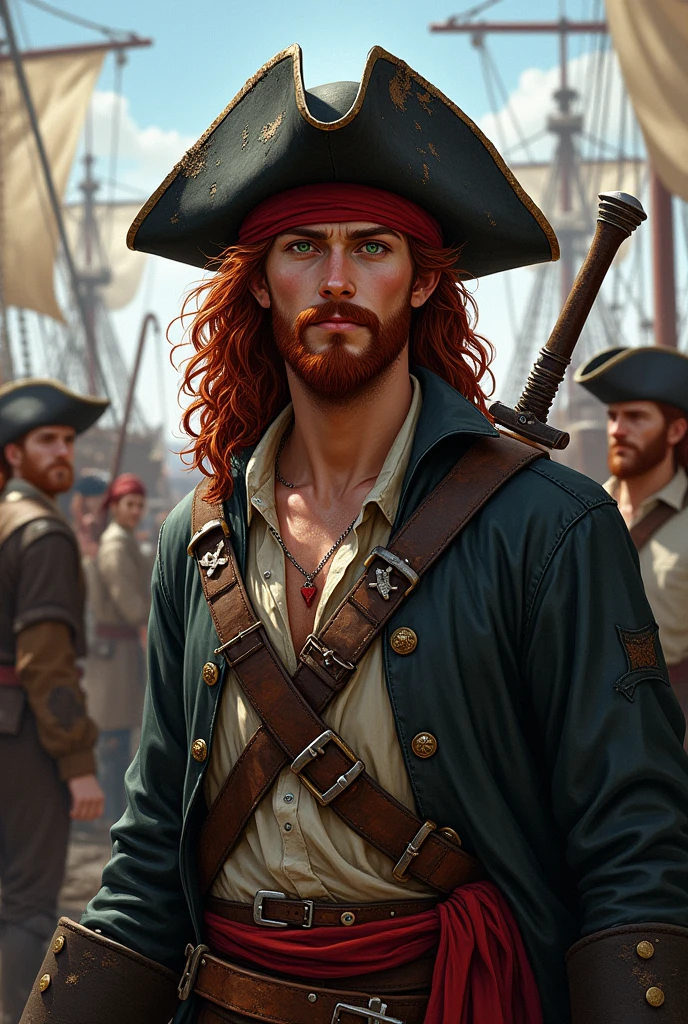Crea un immagine di un pirata intero di razza umana per d&d. A 20 year old male pirate with long curly, garnet red hair., a goatee and a garnet red moustache and dark green eyes. He wears a black leather battered hat, porta un trench coat in stile piratesco, with a light shirt and a ruined vest underneath. In life he wears a red sash with a belt and two bastard swords on his back., in the background a pirate port. He is celebrating with other sailors at the port
