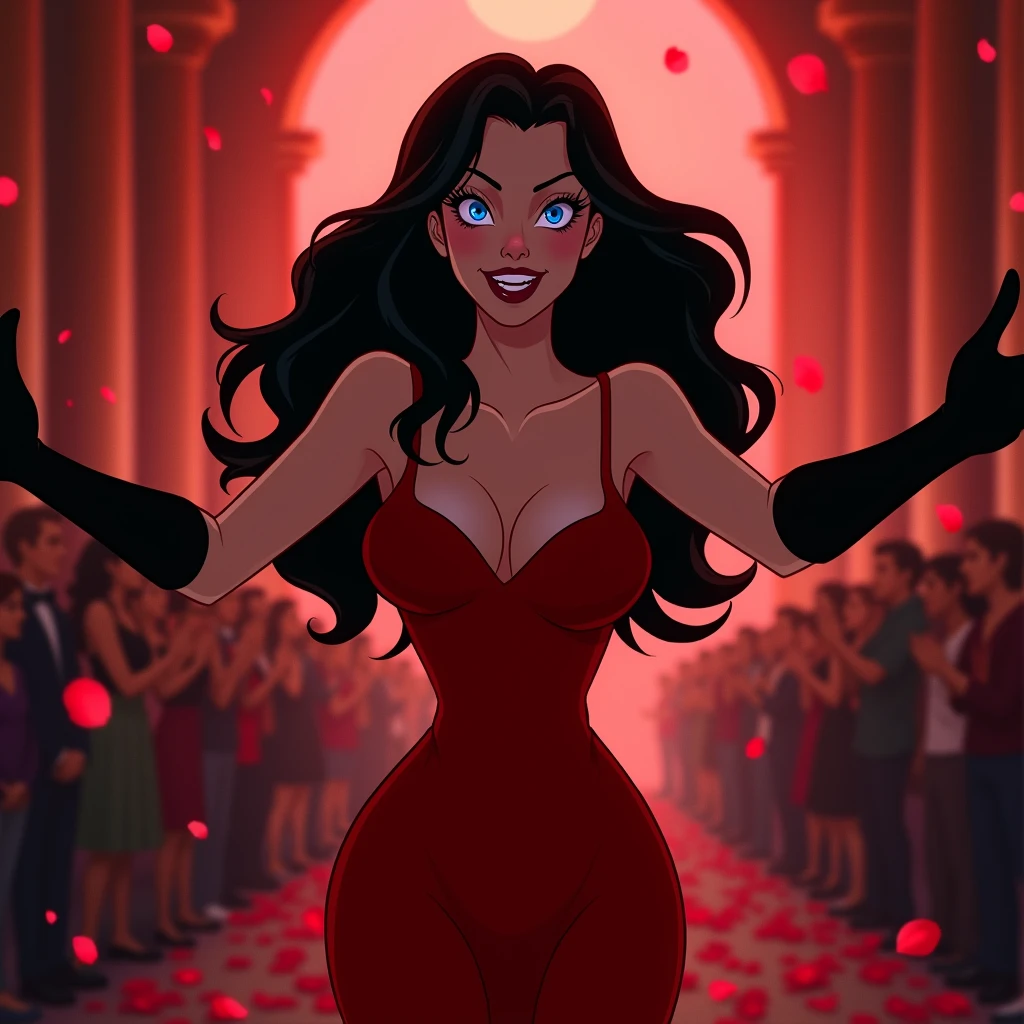 Disney animation of a beautiful woman with intense blue eyes, with tight red dress with black gloves, jet black hair in waves, angelic face. She is smiling evilly with her arms open, She&#39;s kind of flying in the air, slowly calling, Behind her there are people applauding. red glow, with roses falling on her.