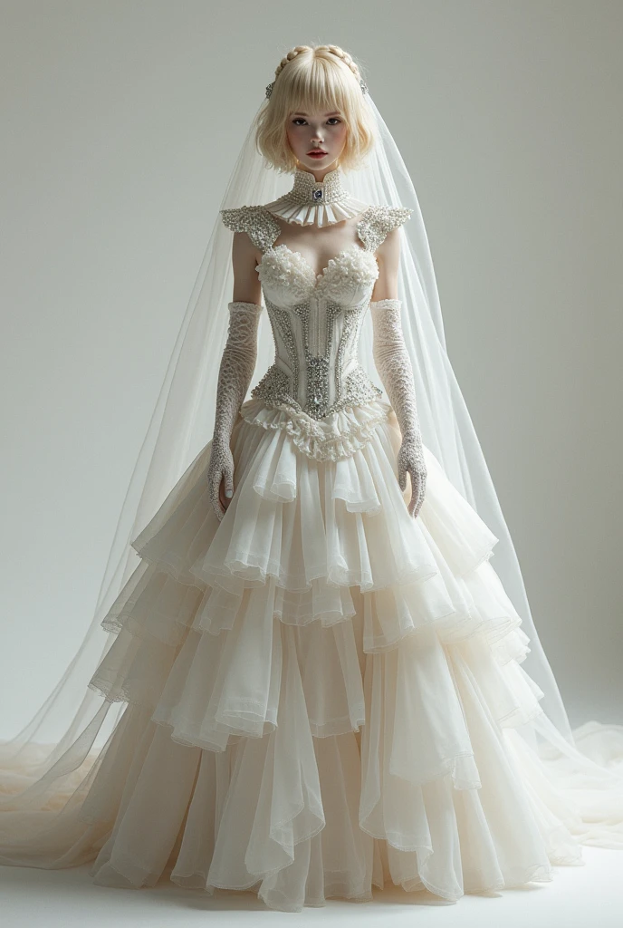 Man of androgynous appearance: Her skin is white and her hair is short, wavy, layered blonde., At the top, blonde braids hold the groom&#39;s veil in layers of organza. She wears an outfit that combines a dress with very tight white dress pants.. The pants are completed with a layered groom&#39;s dress train that starts at the waist with layers of elegant tulle and diamonds.. The top of the rocooc dress is complete from waist to neck, Empire collar with jabot ruffles and a layered bow, sleeveless, necklineless decorated with diamonds sewn on the front. The ensemble is complemented by a layered bridal veil., long, elbow-length lace gloves and rococo boots
