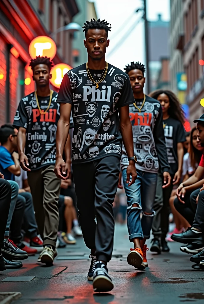 create a streetwear fashion show scenario and people wearing shirts with Phil written on them
